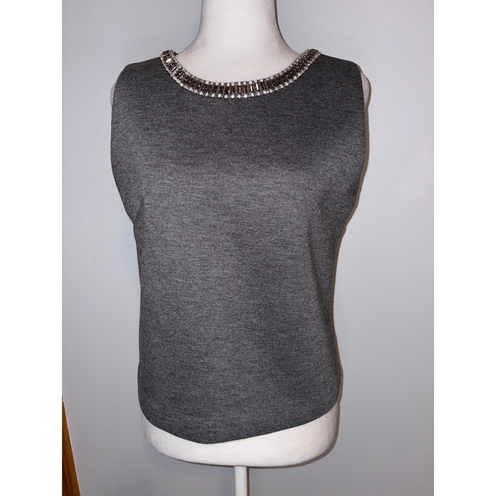 Cynthia Rowley Gray Sleeveless Embellished Rhinestone‎ Neckline fitted Knit Top